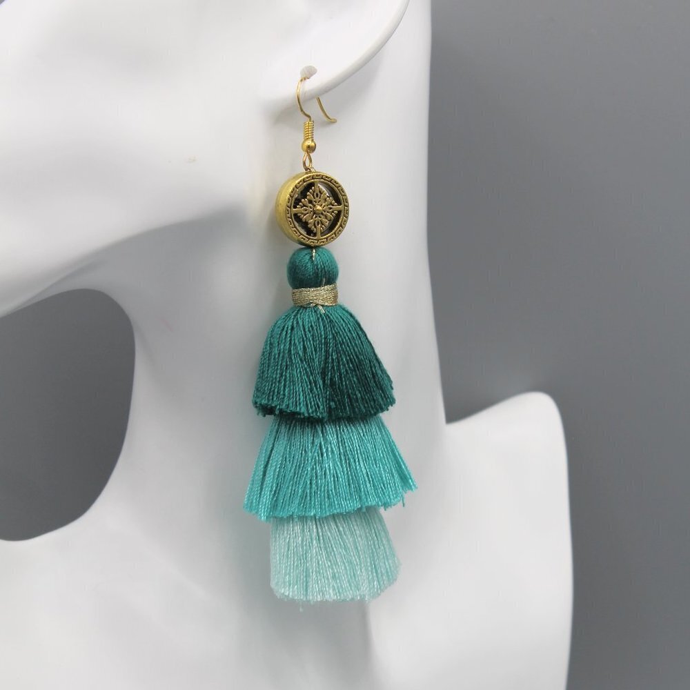 Jewelry earrings drop dangle tassel boho style gold mint elegant beautiful long - Picture 2 of 9